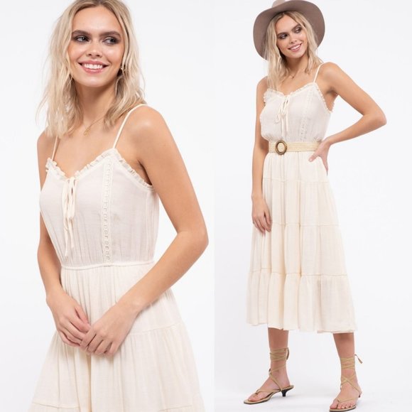 NEW Ivory Stone Boho Tiered Ruffle Trim Midi Dress - Picture 2 of 11